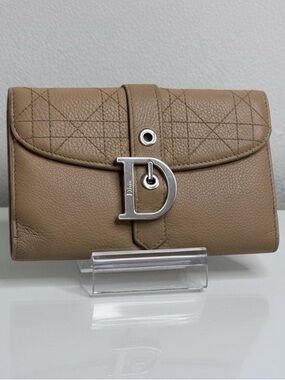 Dior Taupe Brown Leather Wallet with Silver 'D' Logo